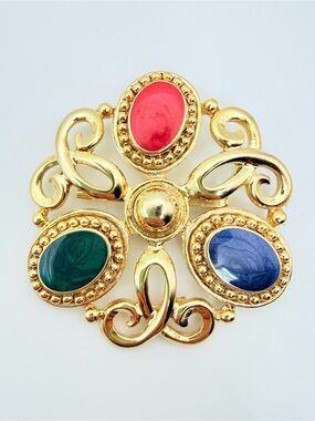 Vintage Gold Tone Enamel Brooch Red Green Blue Cabochon